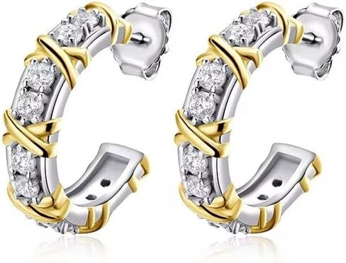 14k Two-tone Gold Plated 1.50 Ct Round Cut Diamond J-Hoop Stud Earrings for Women Sterling Silver in Saudi Arabia