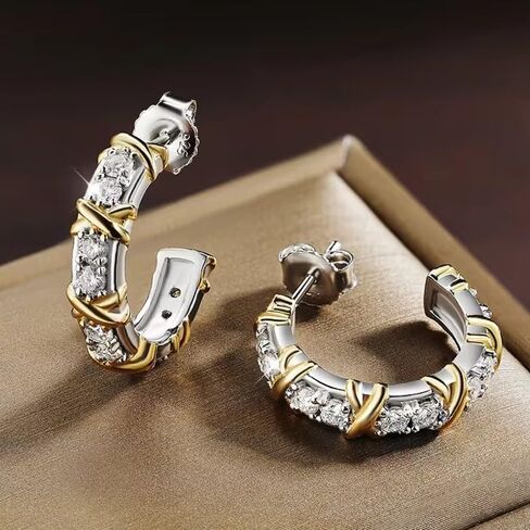 14k Two-tone Gold Plated 1.50 Ct Round Cut Diamond J-Hoop Stud Earrings for Women Sterling Silver in Saudi Arabia
