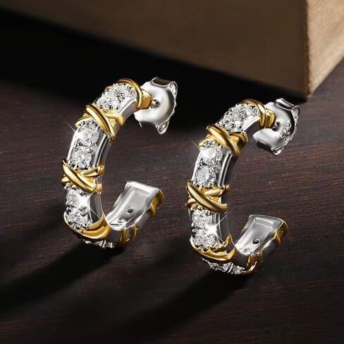 14k Two-tone Gold Plated 1.50 Ct Round Cut Diamond J-Hoop Stud Earrings for Women Sterling Silver in Saudi Arabia