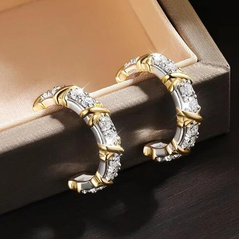14k Two-tone Gold Plated 1.50 Ct Round Cut Diamond J-Hoop Stud Earrings for Women Sterling Silver in Saudi Arabia