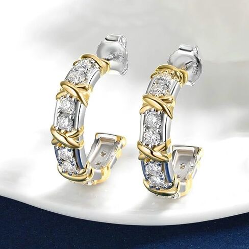 14k Two-tone Gold Plated 1.50 Ct Round Cut Diamond J-Hoop Stud Earrings for Women Sterling Silver in Saudi Arabia
