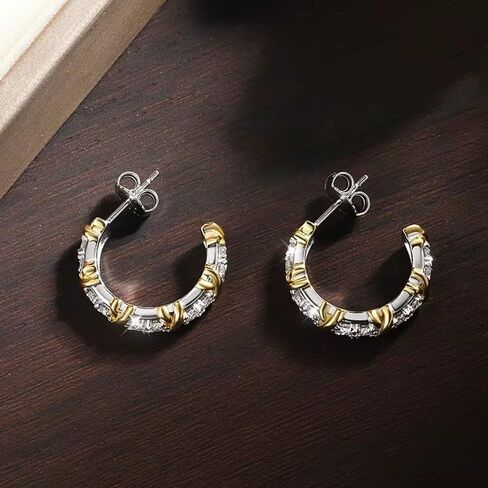 14k Two-tone Gold Plated 1.50 Ct Round Cut Diamond J-Hoop Stud Earrings for Women Sterling Silver in Saudi Arabia