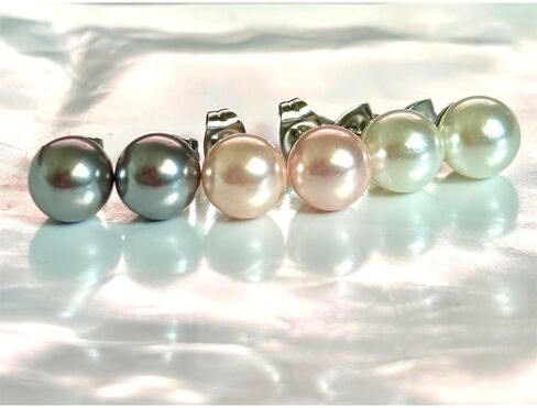 8mm Freshwater Pearl Earrings Pearl Stud 3 Pairs Pink White Black Red Blue in Kuwait