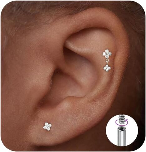 Flat Back Cartilage Stud Earrings For Women Tragus Helix Nose Piercing Jewelry Conch Threadless 18G Titanium Surgical Steel Hypoallergenic 14K Gold Plated CZ Silver Small Tiny Flower Studs in Kuwait