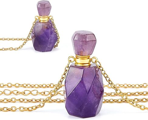 SUPERFINDINGS 2PCS Perfume Bottle Necklace Crystal Perfume Bottle Pendant Essential Oil Diffuser Necklace Gemstone Vial Necklaces Natural Amethyst Pendants for Christmas Valentine's Mother's Day in Kuwait