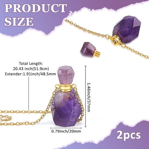 SUPERFINDINGS 2PCS Perfume Bottle Necklace Crystal Perfume Bottle Pendant Essential Oil Diffuser Necklace Gemstone Vial Necklaces Natural Amethyst Pendants for Christmas Valentine's Mother's Day in Kuwait