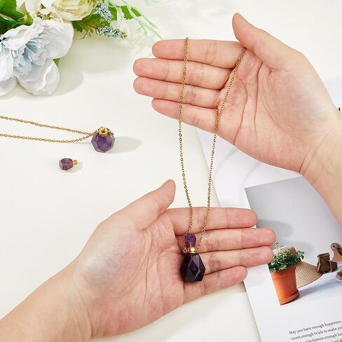SUPERFINDINGS 2PCS Perfume Bottle Necklace Crystal Perfume Bottle Pendant Essential Oil Diffuser Necklace Gemstone Vial Necklaces Natural Amethyst Pendants for Christmas Valentine's Mother's Day in Kuwait