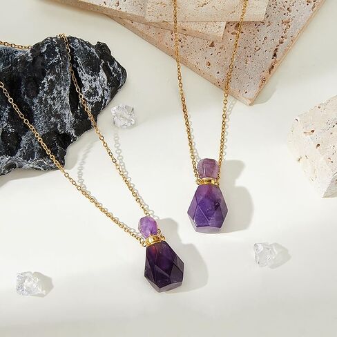 SUPERFINDINGS 2PCS Perfume Bottle Necklace Crystal Perfume Bottle Pendant Essential Oil Diffuser Necklace Gemstone Vial Necklaces Natural Amethyst Pendants for Christmas Valentine's Mother's Day in Kuwait