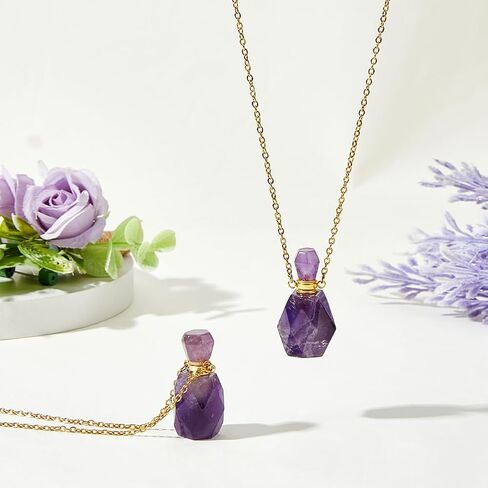 SUPERFINDINGS 2PCS Perfume Bottle Necklace Crystal Perfume Bottle Pendant Essential Oil Diffuser Necklace Gemstone Vial Necklaces Natural Amethyst Pendants for Christmas Valentine's Mother's Day in Kuwait