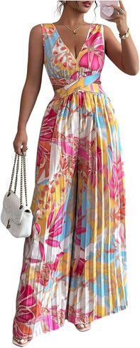 OYOANGLE Women's Floral Print Pleated Jumpsuit Sleeveless V Neck Cut Out Wide Leg Long Pants Romper in Kuwait