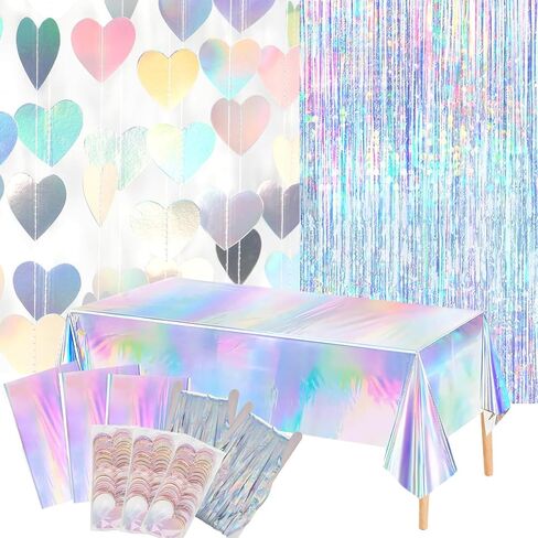 8 PCS Iridescent Disco-Holographic Party Decorations - Love-Heart Garland Streamers Banner, Disposable Laser Tablecloth, Tinsel Foil Fringe Curtains | Birthday, Bachelorette, Engagement, 90s, 80s in Kuwait
