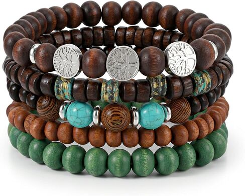 5 Pcs Beaded Bracelets, Elastic Wood Alloy Boho Stackable Handmade Beaded Bracelets, Boho Jewelry For Women Men in Kuwait