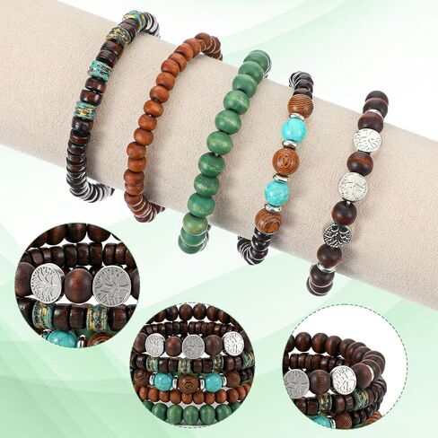 5 Pcs Beaded Bracelets, Elastic Wood Alloy Boho Stackable Handmade Beaded Bracelets, Boho Jewelry For Women Men in Kuwait