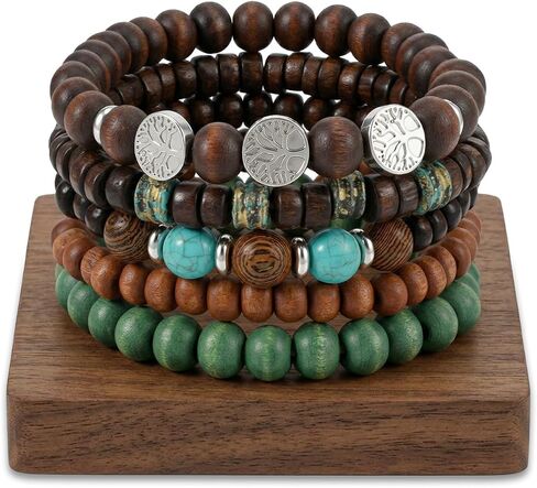5 Pcs Beaded Bracelets, Elastic Wood Alloy Boho Stackable Handmade Beaded Bracelets, Boho Jewelry For Women Men in Kuwait
