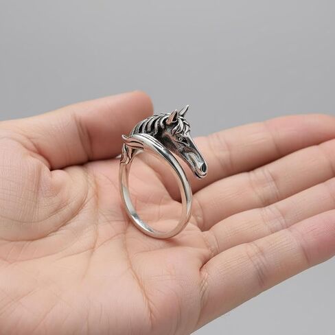 Thai Silver Year of Horse Adjustable Rings For Women,Retro Silver Animal Horse Head Open Band Knuckle Ring Jewelry Gifts in Kuwait
