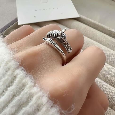 Thai Silver Year of Horse Adjustable Rings For Women,Retro Silver Animal Horse Head Open Band Knuckle Ring Jewelry Gifts in Kuwait