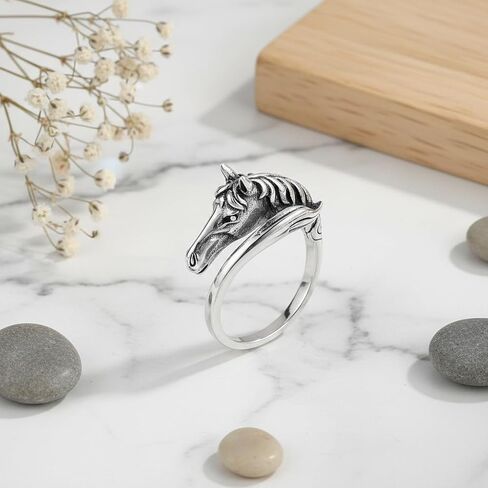 Thai Silver Year of Horse Adjustable Rings For Women,Retro Silver Animal Horse Head Open Band Knuckle Ring Jewelry Gifts in Kuwait
