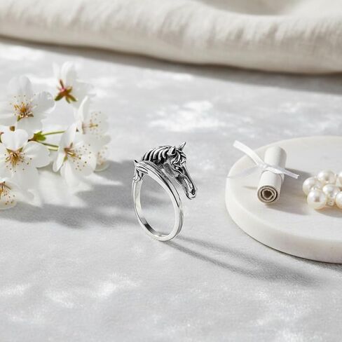 Thai Silver Year of Horse Adjustable Rings For Women,Retro Silver Animal Horse Head Open Band Knuckle Ring Jewelry Gifts in Kuwait