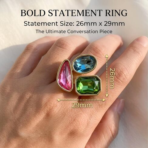Colorful Geometric Cocktail Ring for Women Statement Jewelry | Brilliant faceted faux gems in vibrant pink, blue and green in Saudi Arabia