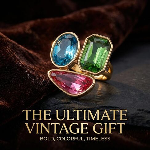 Colorful Geometric Cocktail Ring for Women Statement Jewelry | Brilliant faceted faux gems in vibrant pink, blue and green in Saudi Arabia