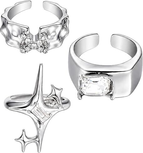 3 Pcs Silver Star Rings Set, Adjustable Open Band Y2K Stack Rings | Hollow star open bands adjust for a comfortable fit and stack easily for Y2K, gothic, grunge or everyday statement looks in Saudi Arabia