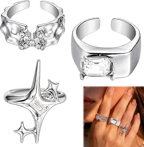 3 Pcs Silver Star Rings Set, Adjustable Open Band Y2K Stack Rings | Hollow star open bands adjust for a comfortable fit and stack easily for Y2K, gothic, grunge or everyday statement looks in Saudi Arabia