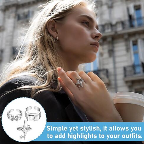 3 Pcs Silver Star Rings Set, Adjustable Open Band Y2K Stack Rings | Hollow star open bands adjust for a comfortable fit and stack easily for Y2K, gothic, grunge or everyday statement looks in Saudi Arabia