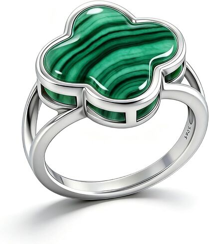 HAIXIAN Genuine Onyx Agate Four Leaf Clover Ring, S925 Sterling Silver, Gemstone, Vintage Antiqued Minimalist Turkish Jewelry for Women in Kuwait