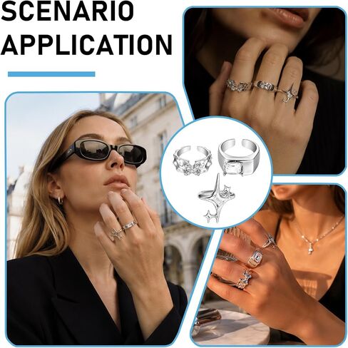 3 Pcs Silver Star Rings Set, Adjustable Open Band Y2K Stack Rings | Hollow star open bands adjust for a comfortable fit and stack easily for Y2K, gothic, grunge or everyday statement looks in Saudi Arabia