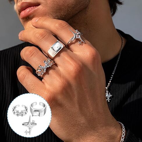 3 Pcs Silver Star Rings Set, Adjustable Open Band Y2K Stack Rings | Hollow star open bands adjust for a comfortable fit and stack easily for Y2K, gothic, grunge or everyday statement looks in Saudi Arabia