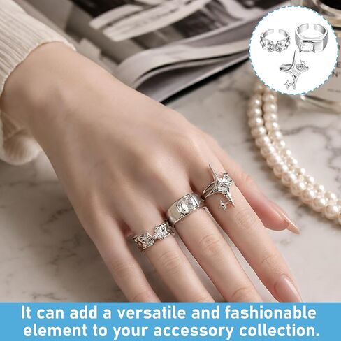 3 Pcs Silver Star Rings Set, Adjustable Open Band Y2K Stack Rings | Hollow star open bands adjust for a comfortable fit and stack easily for Y2K, gothic, grunge or everyday statement looks in Saudi Arabia