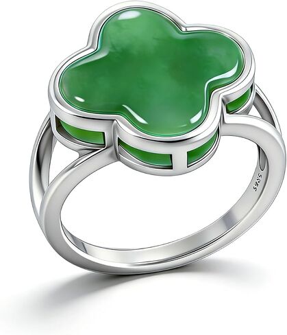 HAIXIAN Genuine Onyx Agate Four Leaf Clover Ring, S925 Sterling Silver, Gemstone, Vintage Antiqued Minimalist Turkish Jewelry for Women in Kuwait