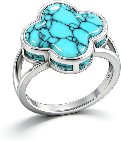 HAIXIAN Genuine Onyx Agate Four Leaf Clover Ring, S925 Sterling Silver, Gemstone, Vintage Antiqued Minimalist Turkish Jewelry for Women in Kuwait
