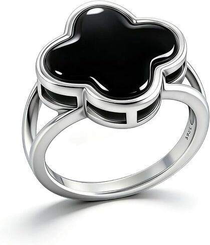 HAIXIAN Genuine Onyx Agate Four Leaf Clover Ring, S925 Sterling Silver, Gemstone, Vintage Antiqued Minimalist Turkish Jewelry for Women in Kuwait