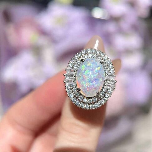 Created Opal Oval Halo Cubic Zirconia Statement Band Rings for Women Chucky | Vibrant birthstone setting beautifully celebrates personal milestones with a unique and dainty touch for daily wear. in Saudi Arabia