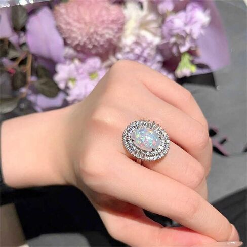 Created Opal Oval Halo Cubic Zirconia Statement Band Rings for Women Chucky | Vibrant birthstone setting beautifully celebrates personal milestones with a unique and dainty touch for daily wear. in Saudi Arabia