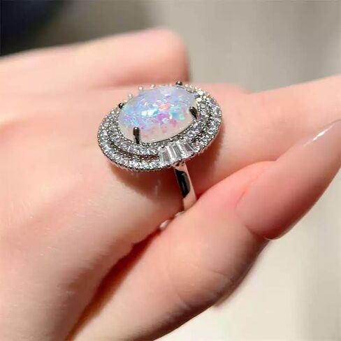 Created Opal Oval Halo Cubic Zirconia Statement Band Rings for Women Chucky | Vibrant birthstone setting beautifully celebrates personal milestones with a unique and dainty touch for daily wear. in Saudi Arabia