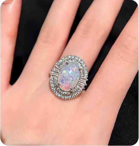 Created Opal Oval Halo Cubic Zirconia Statement Band Rings for Women Chucky | Vibrant birthstone setting beautifully celebrates personal milestones with a unique and dainty touch for daily wear. in Saudi Arabia