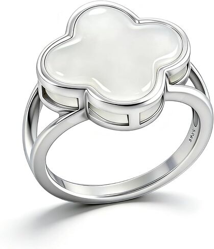 HAIXIAN Genuine Onyx Agate Four Leaf Clover Ring, S925 Sterling Silver, Gemstone, Vintage Antiqued Minimalist Turkish Jewelry for Women in Kuwait