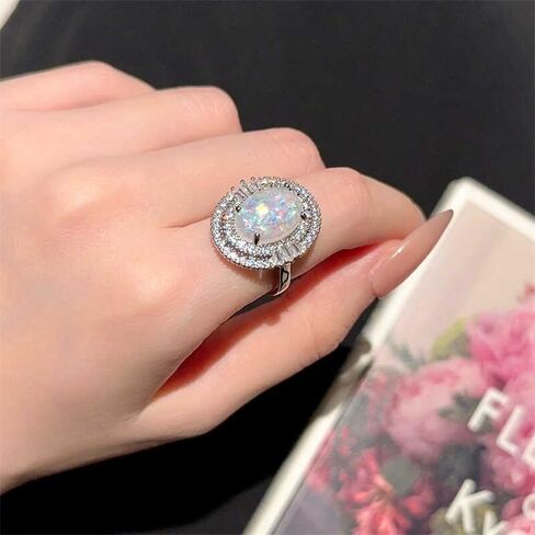 Created Opal Oval Halo Cubic Zirconia Statement Band Rings for Women Chucky | Vibrant birthstone setting beautifully celebrates personal milestones with a unique and dainty touch for daily wear. in Saudi Arabia