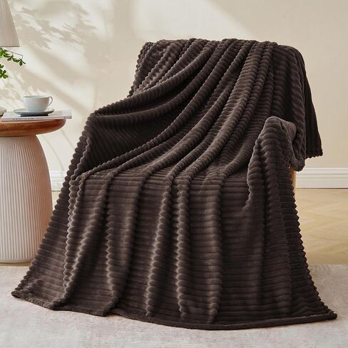 Bnuitland Burnt Orange Flannel Throw with Storage Pouch,300GSM Super Soft Fleece Stripe Pattern Sofa Blanket for Adults and Kids, Lightweight Cozy Bed Throw for Home Decor All Season in Kuwait