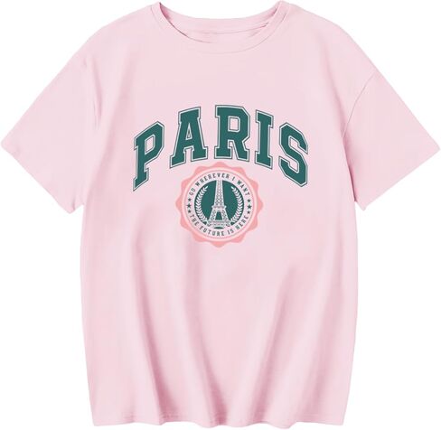 Preppy Shirts for Girls Paris Letter Print Graphic Tees Kids Cute Vintage Aesthetic T Shirts Casual Summer Tops in Saudi Arabia