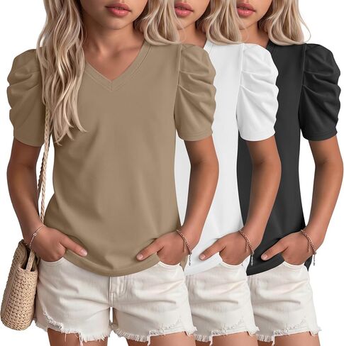3 Pack Girls' Puff Sleeve T-Shirts 5-14 Years Teen V Neck Cute Tops Kids School Casual Summer Soft Blouse Tees in Saudi Arabia