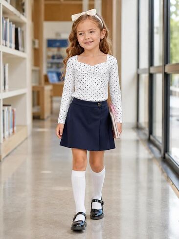 Girls Long Sleeve Polka Dot Shirt, Soft Cotton Ruched Neck Tee Top for Toddler Kids, School Fall Clothes Aged 3-7 in Saudi Arabia