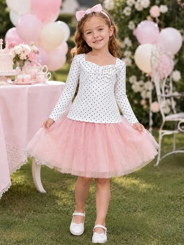 Girls Long Sleeve Polka Dot Shirt, Soft Cotton Ruched Neck Tee Top for Toddler Kids, School Fall Clothes Aged 3-7 in Saudi Arabia