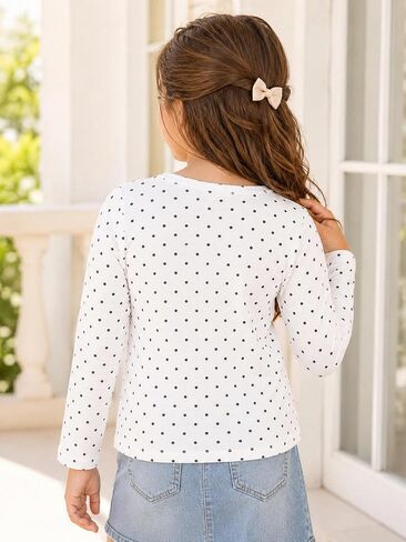 Girls Long Sleeve Polka Dot Shirt, Soft Cotton Ruched Neck Tee Top for Toddler Kids, School Fall Clothes Aged 3-7 in Saudi Arabia