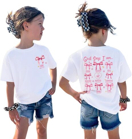 Girls Cute Bow Christian Jesus Shirts for Kids God Faith Religious T Shirts Bible Verse Graphic Tees Cotton Tops in Saudi Arabia