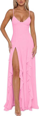 BORIFLORS Women's Sexy V Neck Spaghetti Strap Vacation Maxi Dress High Slit Cocktail Wedding Guest Long Formal Dresses in Kuwait