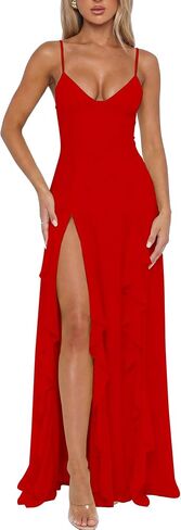 BORIFLORS Women's Sexy V Neck Spaghetti Strap Vacation Maxi Dress High Slit Cocktail Wedding Guest Long Formal Dresses in Kuwait