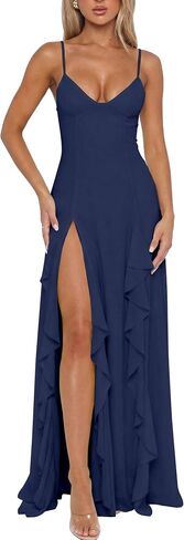 BORIFLORS Women's Sexy V Neck Spaghetti Strap Vacation Maxi Dress High Slit Cocktail Wedding Guest Long Formal Dresses in Kuwait